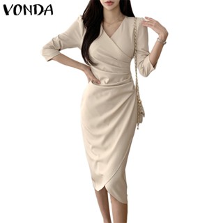 Beixiju-vonda ชุดแม็กซี่เดรส คอวี แขนยาว สีพื้น สไตล์เกาหลี สําหรับผู้หญิง