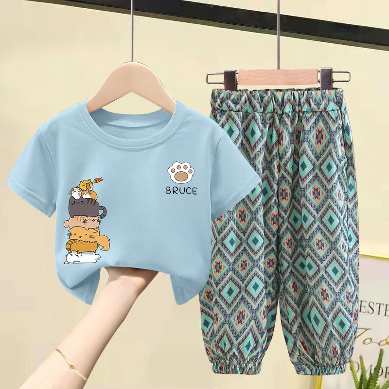 พร้อมส่ง ชุดเด็กผู้หญิง เสื้อผ้าเด็กผู้หญิง แฟชั่นฤดูร้อน ชุดเซ็ต2ชิ้น ลายการ์ตูน เสื้อยืดคอกลม+กางเกงกันยุง 1-14ขวบ
