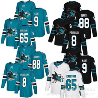 เสื้อกีฬาแขนสั้น ลายทีม Nhl Hockey Jersey Sharks 9 Kane 88 Burns 65 Karlsson Jersey