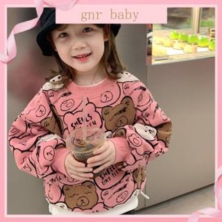 🍓GNR BABY🫐เสื้อแจ็กเก็ตกันหนาวแขนยาว คอกลม พิมพ์ลายการ์ตูนหมี ทรงหลวม สําหรับเด็กผู้หญิง อายุ 3-12 ปี