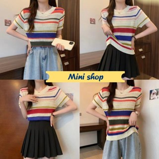 Mini shop🌸พร้อมส่ง🌸 (29055)  เสื้อถักไหมพรมคอกลม แขนสั้น ลายทางผ้าซีทรูบางๆ -C