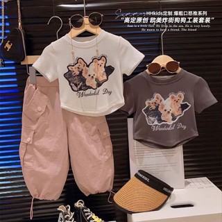 Fashionable childrens clothes 23 summer girls Korean suit childrens fashionable foreign style cartoon printed short T-shirts overalls