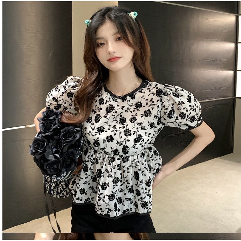 เสื้อท็อปแขนสั้น ลายดอกไม้ สไตล์วินเทจ สําหรับผู้หญิง