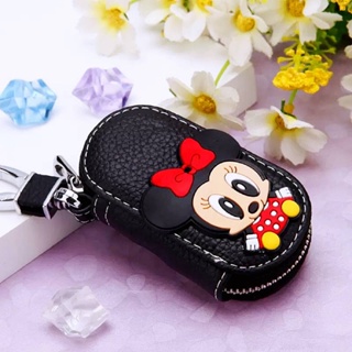 Cartoon Minnie Car Key Case Cute Genuine Leather Key Chain Circle Womens Key Bag Buckle Zipper Bag Waist Hanging fRUK