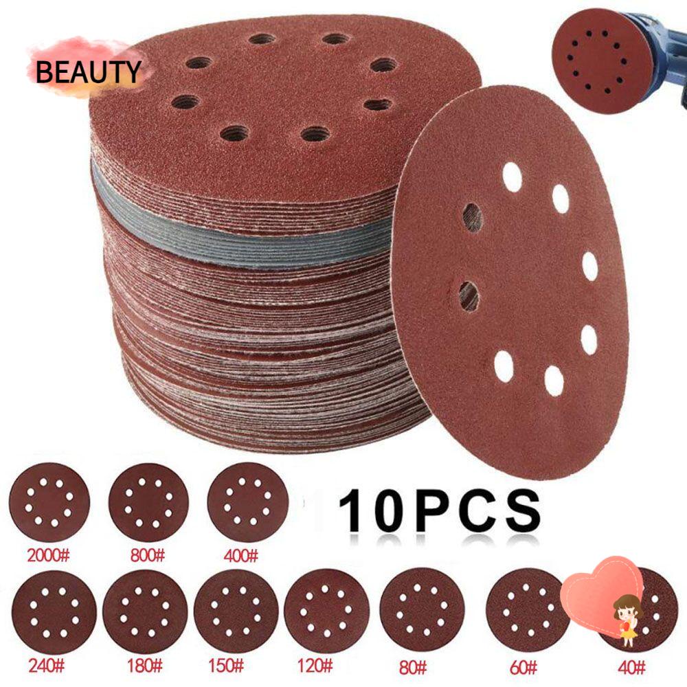 Beauty กระดาษทรายขัด ทรงกลม สีแดง 8 รู 5 นิ้ว แบบเปลี่ยน สําหรับขัดไม้ 10 ชิ้น
