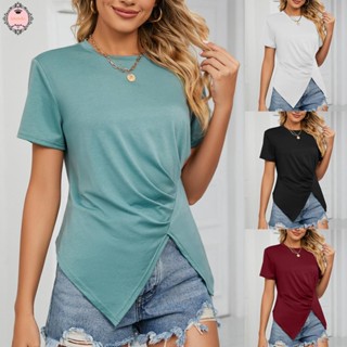 Womens Casual Loose O Neck Solid Color Short Sleeve T Shirt Pleated Top Summer