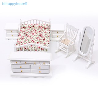 Hihappyhour ชุดเฟอร์นิเจอร์ห้องนอนจิ๋ว สีขาว สําหรับบ้านตุ๊กตา 1:12 6 ชิ้น