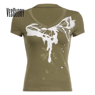 Vesglory เสื้อครอปท็อป คอกลม แขนสั้น พิมพ์ลาย สีพื้น เซ็กซี่ สําหรับผู้หญิง 2023