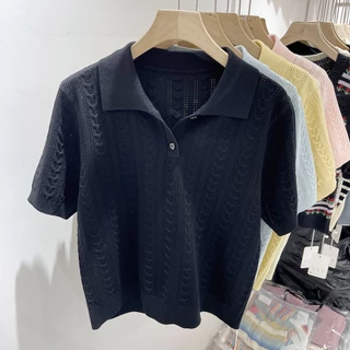 Xiao เสื้อกันหนาว คอปกโปโล แขนสั้น ผ้าเรยอน แว็กซี่ แบบนิ่ม ออกแบบดี แบบบาง เหมาะกับฤดูร้อน สําหรับผู้หญิง DRLU