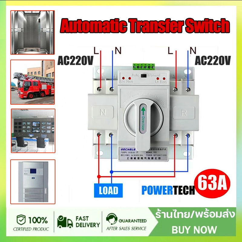ATS Automatic Transfer Switch 2P63A สวิตซ์สลับไฟ สลับไฟ แหล่งจ่าย อัตโนมัติ 2P 63A 230V MCB Type Dua