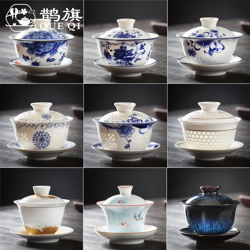 [ธงนกกางเขน] การสูญเสียชามโรงรถมือวาดเดี่ยว ซานไช่ ชามถ้วยชาเซรามิกกังฟูชาชุดที่มีฝาปิดชามชาขนาดใหญ่สีฟ้าสีขาวโรงรถชามครัวเรือน