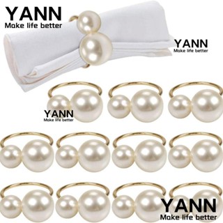 Yann1 แหวนโลหะ ประดับมุก ขนาดใหญ่ 4 ซม. สีทอง สําหรับผ้าเช็ดปาก 12 ชิ้น