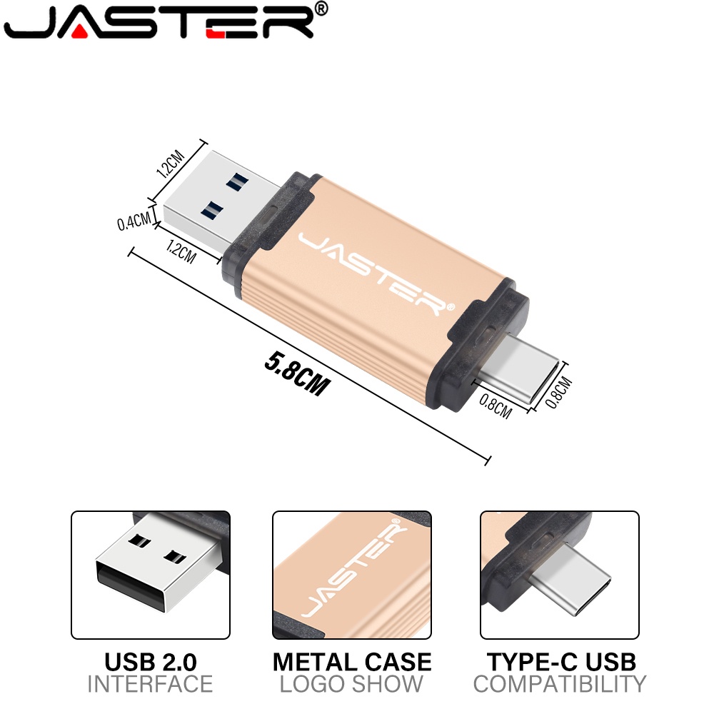 Jaster TYPE-C แฟลชไดรฟ์ USB 2.0 64GB 32GB 16GB 8GB 4GB พกพาง่าย สีทอง สีแดง