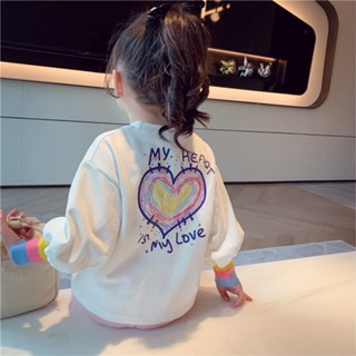 พร้อมส่ง เสื้อกันหนาวแขนยาวลําลอง คอกลม พิมพ์ลายตัวอักษร Love สีรุ้ง แฟชั่นฤดูใบไม้ผลิ และฤดูใบไม้ร่วง สไตล์เกาหลี สําหรับเด็กผู้หญิง