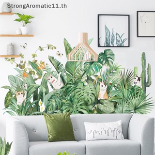 สติกเกอร์ติดผนัง รูปแมว ใบไม้สีเขียว DIY