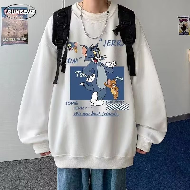 เสื้อยืดแขนยาวลําลอง ทรงหลวม ขนาดใหญ่ พิมพ์ลายการ์ตูนแมว และหนู สําหรับผู้ชาย