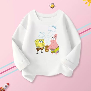 เสื้อยืดแขนยาว ผ้าฝ้าย 100% พิมพ์ลายการ์ตูน SpongeBob SquarePants สําหรับเด็กผู้ชาย และเด็กผู้หญิง