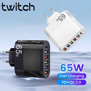 Twitch ที่ชาร์จโทรศัพท์มือถือ Type C 65W 6 พอร์ต ปลั๊ก EU US UK ชาร์จเร็ว PD USB