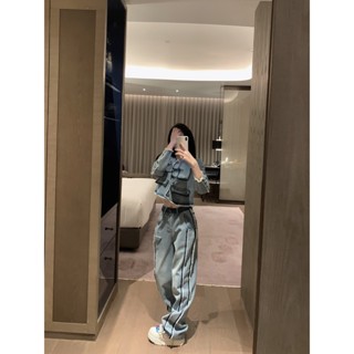 122S PRA * A 2023 spring and summer new retro washed ruffled denim coat ruffled slimming denim trousers set 115 10