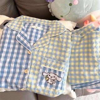 Sanrio Cinnamoroll ชุดนอน เสื้อแขนยาว กางเกงขายาว ลายการ์ตูนน่ารัก สีฟ้า เหมาะกับของขวัญ แฟชั่นฤดูใบไม้ร่วง สําหรับหอพักนักเรียนผู้หญิง [BL]