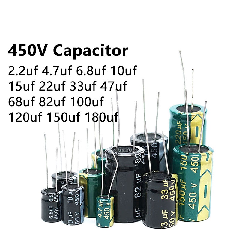 ตัวเก็บประจุอลูมิเนียมไฟฟ้า 450V DIP 2.2UF 4.7UF 6.8UF 10UF 15UF 22UF 33UF 47UF 68UF 82UF 100UF 120U
