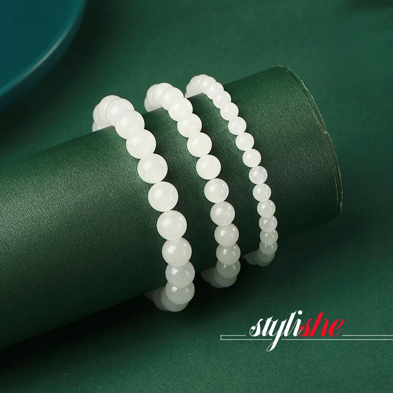 สร้อยข้อมือ ประดับลูกปัดหยกเทียม ขนาด 8 มม. 10 มม. 12 มม. สีขาว แฟชั่นสําหรับผู้ชาย และผู้หญิง