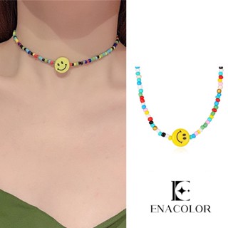 Enacolor ใหม่ สร้อยคอลูกปัดเรซิ่น ลายการ์ตูนหน้ายิ้ม สีรุ้ง DIY อุปกรณ์เสริม สําหรับเด็กผู้หญิง 2023