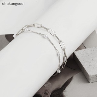 Shakangcool สร้อยข้อเท้าโซ่ สองชั้น ประดับมุกเทียม กันน้ํา สีทอง สีเงิน เครื่องประดับชายหาด สไตล์โบฮีเมียน สําหรับผู้หญิง SGL