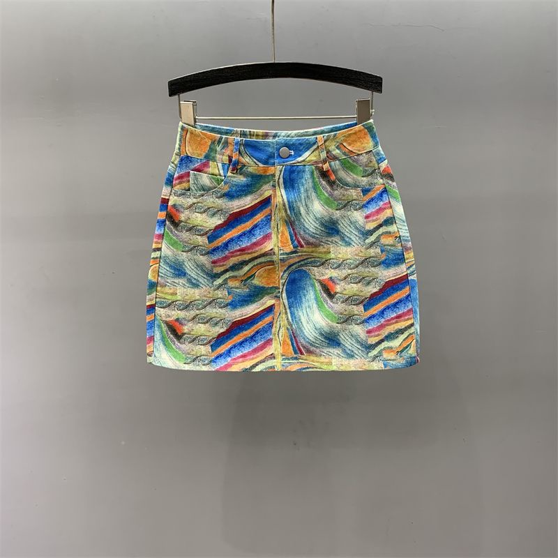 กระโปรงยีนสั้น เอวสูง ทรงเอ พิมพ์ลาย สไตล์เกาหลี ฮ่องกง ยุโรป อเมริกัน ย้อนยุค ขนาดใหญ่ เหมาะกับฤดูร้อน สําหรับผู้หญิง y2k 2025