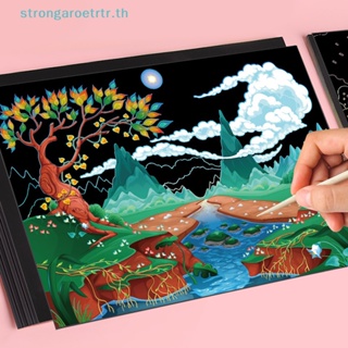 Strongaroetrtr สมุดระบายสี การ์ตูน กระดานวาดภาพ เมจิก ฝน สี รอยขีดข่วน ชุดการ์ด เด็ก DIY ของเล่นเพื่อการศึกษา ของขวัญเด็ก