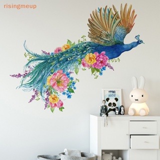 [risingmeup] สติกเกอร์ติดผนัง ลายดอกไม้ นกยูง สีเขียว สไตล์จีน สําหรับตกแต่งบ้าน