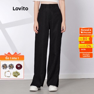 Lovito กางเกงขายาวลําลอง ผ่าข้าง สีดํา L29ED028