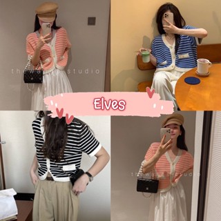 Elves✨พร้อมส่ง✨เสื้อไหมพรมแขนสั้น ดีเทลถักไหมพรมลายทางคิ้วมากก ~A517~