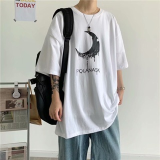 M-8XL Trend summer simple moon letter printing short-sleeved T-shirt for men and women couples loose Hong Kong styl_03