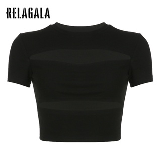 Relagala เสื้อยืด คอกลม แขนสั้น ผ้าถัก สีพื้น ทรงสลิมฟิต แฟชั่นสําหรับผู้หญิง 2023