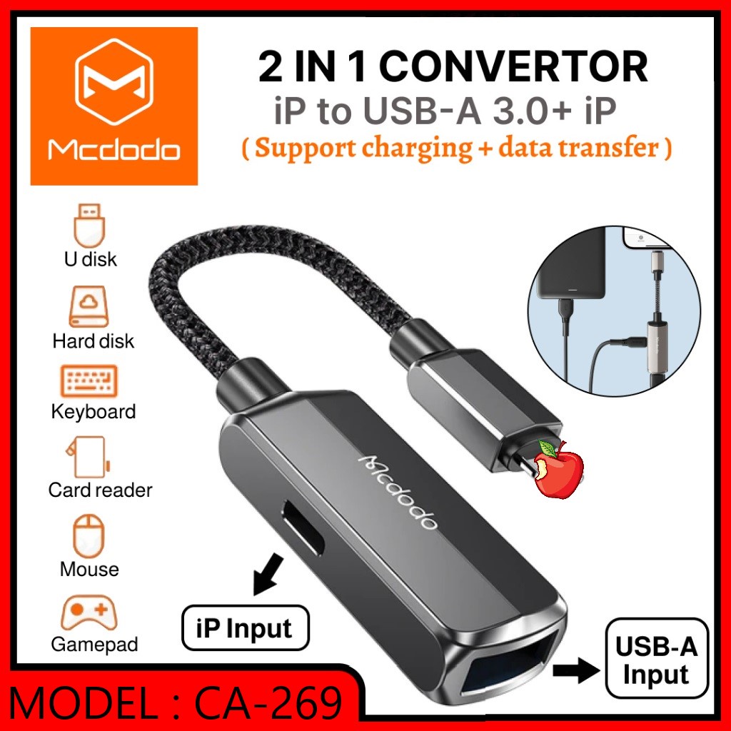 Mcdodo 2 in 1 iP เป็น USB-A 3.0 + iP OTG Charging & Data Converter Adapter CA-269