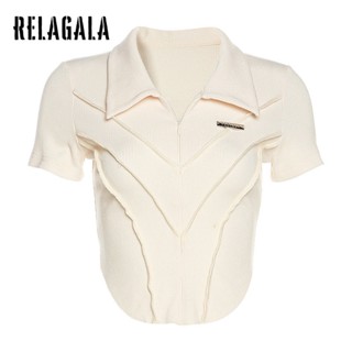 Relagala ใหม่ เสื้อยืดโปโล แขนสั้น ลําลอง เข้ารูป โชว์สะดือ สีพื้น แฟชั่นสําหรับสตรี 2023