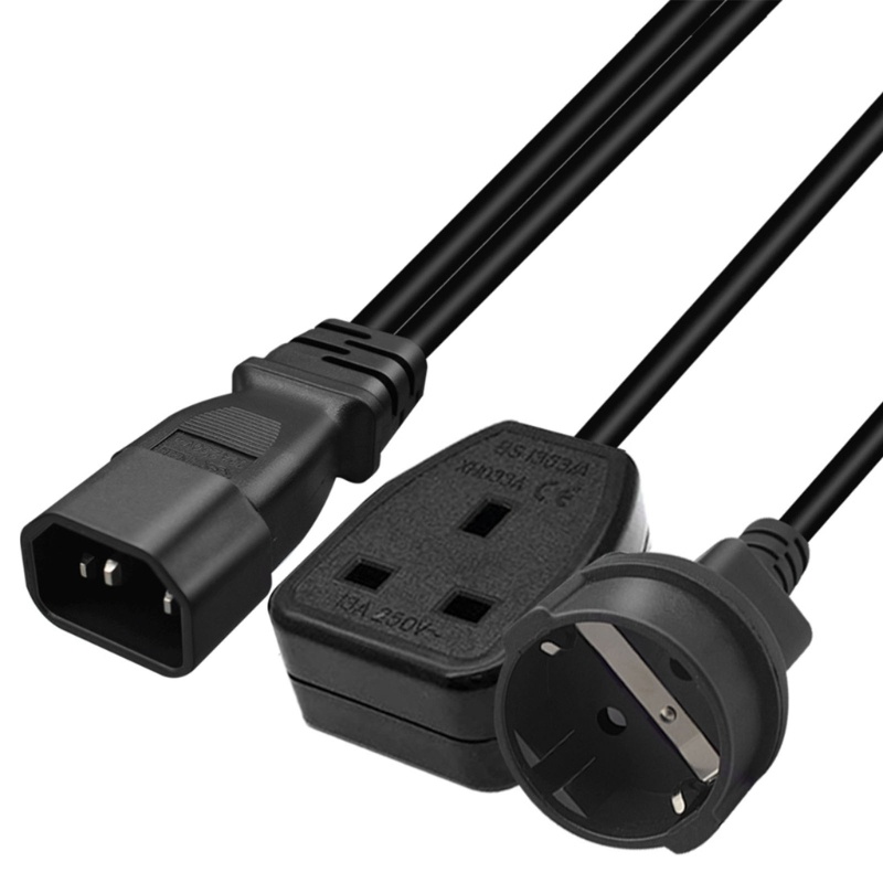 3C 1ft/32cm IEC320 C14 to UK 13A+EU4.8mm AC-Power Extension Cable Adapter Cord