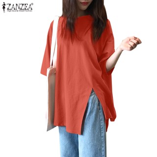 Zanzea เสื้อยืด คอกลม แขนสั้น ผ่าข้าง สีพื้น สไตล์เกาหลี เรียบง่าย สําหรับผู้หญิง