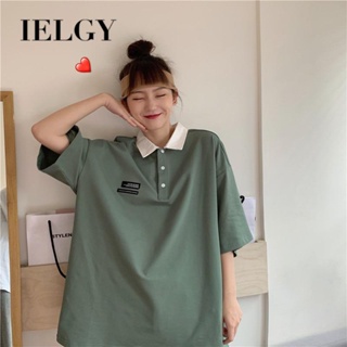 IELGY เสื้อโปโล แขนสั้น คอปก ทรงหลวม สไตล์ญี่ปุ่น สําหรับผู้หญิง