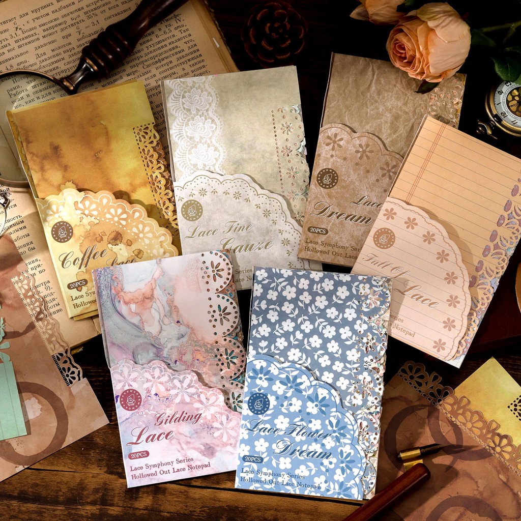 Journamm แผ่นกระดาษโน้ต ลายลูกไม้ สไตล์วินเทจ สําหรับตกแต่งสมุดไดอารี่ งานฝีมือ DIY 20 แผ่น