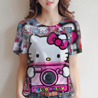 ใหม่ เสื้อยืดแขนสั้น พิมพ์ลาย KT Cat hello kitty น่ารัก สําหรับผู้หญิง