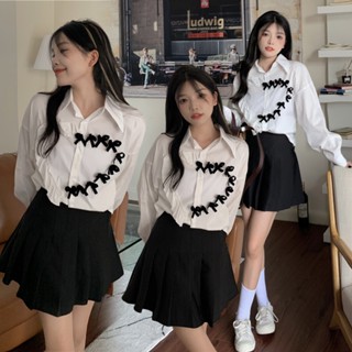 พร้อมส่ง 🐈 Black ribbon tops เสื้อแขนยาวทรงเชิ้ตแต่งริบบิ้นสีดำน่ารัก (36688)