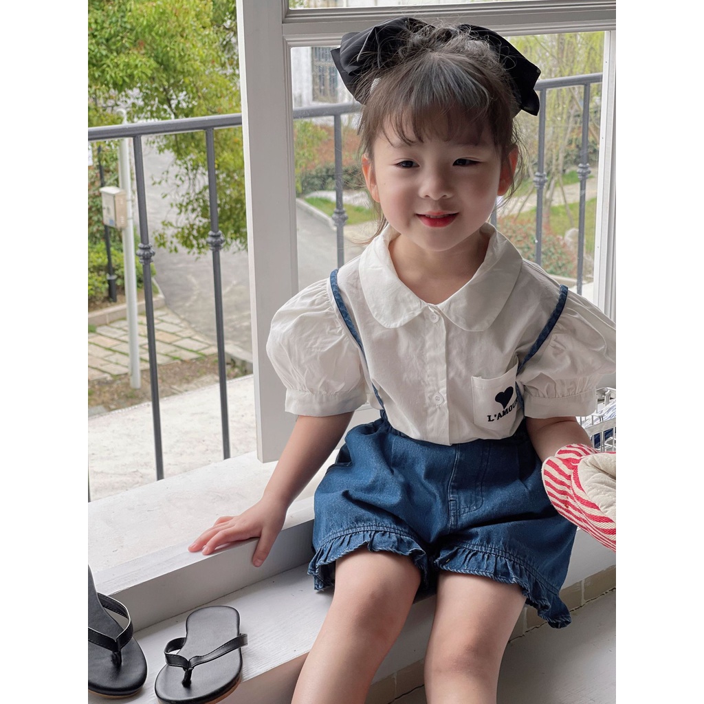 ชุดเสื้อเชิ้ตแขนสั้น ผ้าฝ้าย และผ้ายีน และกางเกงขาสั้น แฟชั่นฤดูร้อน สไตล์เกาหลี สําหรับเด็กผู้หญิง จํานวน 2 ชิ้น - รูปที่ 2