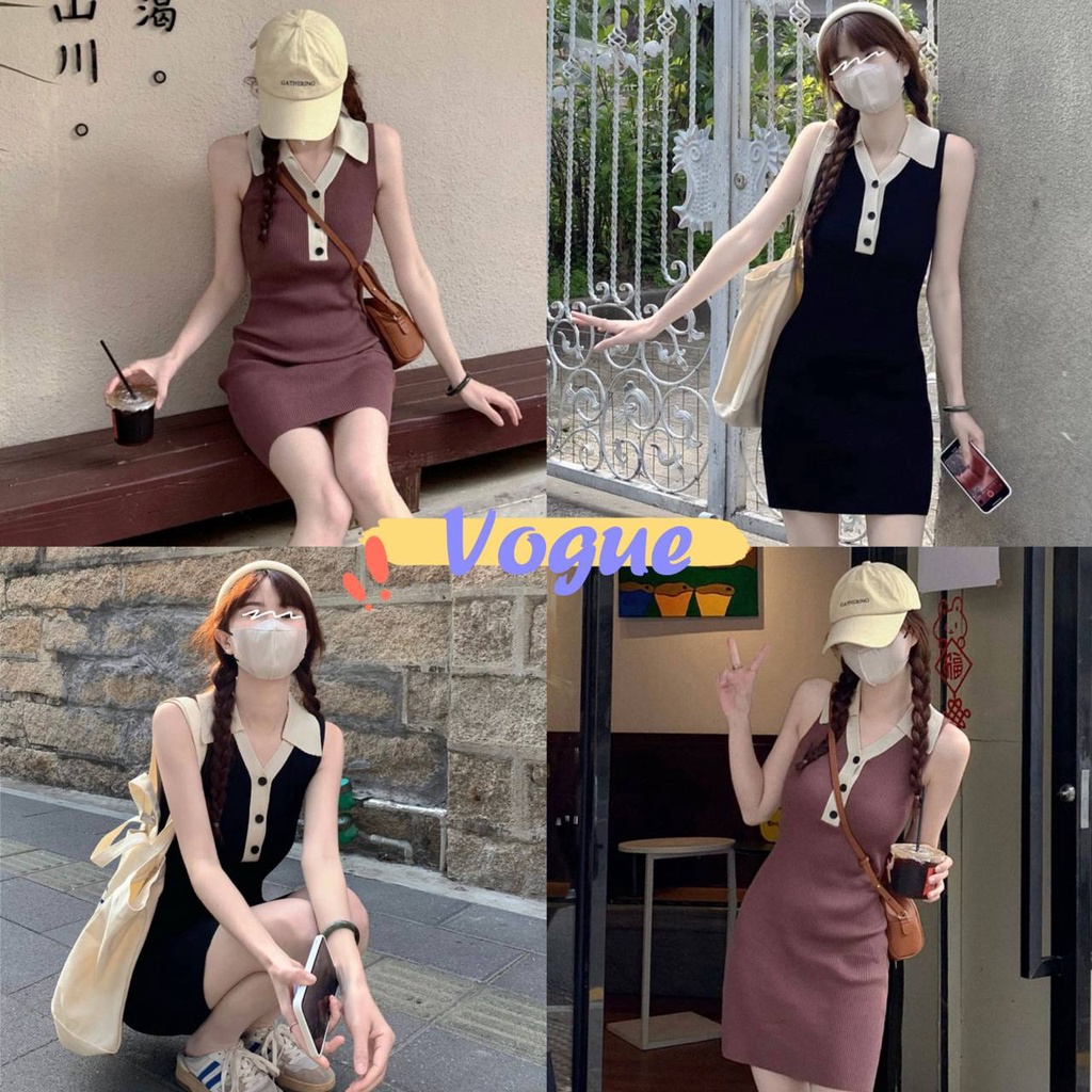 Vogue🌟พร้อมส่ง🌟 ชุดเดรสไหมพรม คอปกแขนกุด ทรงเอรัดรูปใส่สบาย (Y2607)