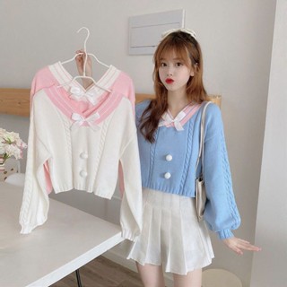 เสื้อกันหนาว คอวี ผ้าถัก ประดับโบว์ ทรงหลวม สไตล์ญี่ปุ่น สําหรับผู้หญิง
