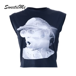 Sweeticme เสื้อยืดครอป คอกลม แขนกุด พิมพ์ลาย แนวสตรีท แฟชั่นฤดูร้อน สําหรับผู้หญิง 2023