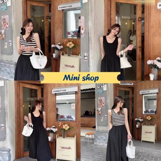 Mini shop🌸พร้อมส่ง🌸 (95126) ชุดเดรสไหมพรม ดีเทลกระโปรงผ้าชีฟอง เบาบางใส่ง่ายๆ  -C