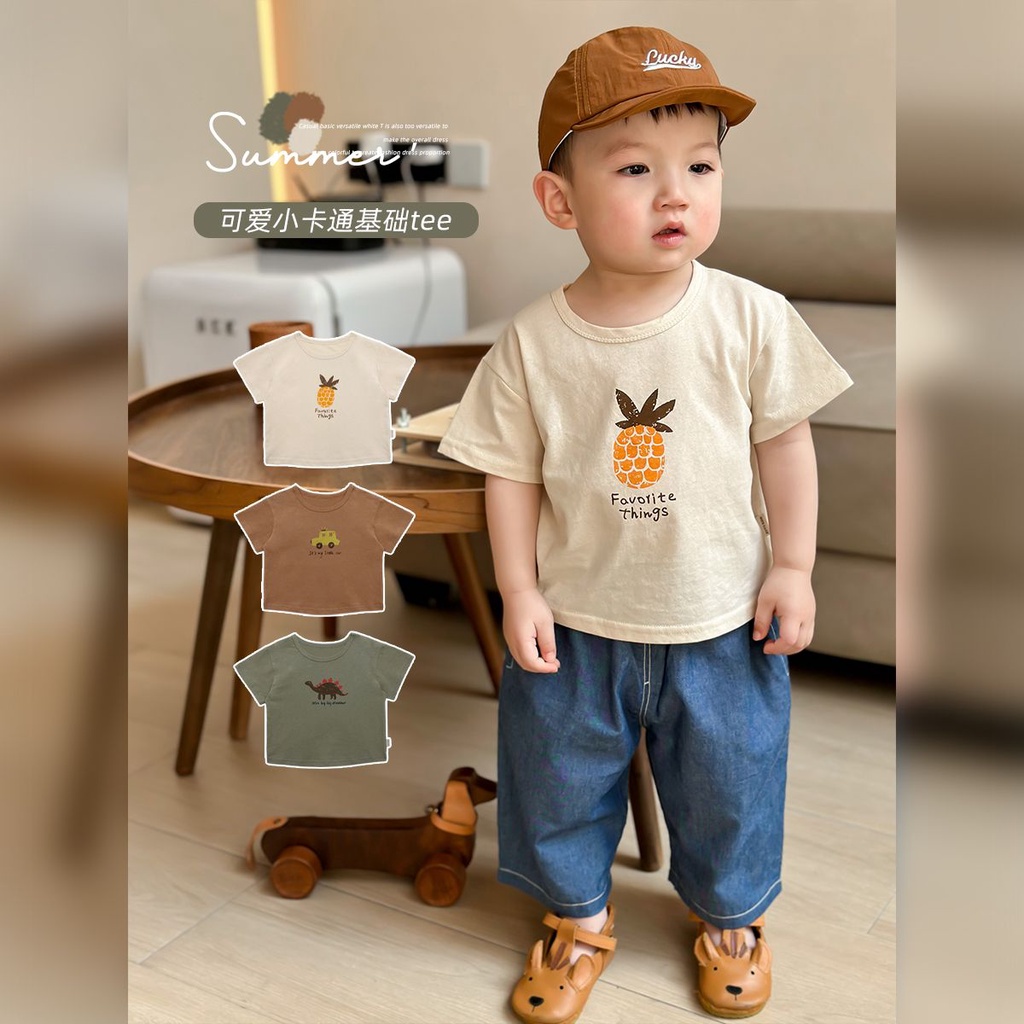 เสื้อยืดแขนสั้น ทรงหลวม ลายการ์ตูนน่ารัก แฟชั่นฤดูร้อน สไตล์เกาหลี สําหรับเด็กผู้ชาย