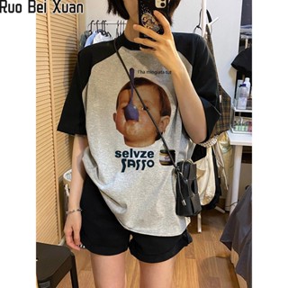 RUO BEI XUAN เสื้อยืดคอกลมแขนสั้นผู้หญิง Retro แฟชั่นเย็บเสื้อยืดแขน Raglan